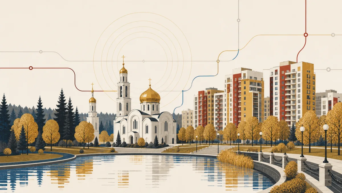 Московский — храм, городской пруд, жилые кварталы и лес